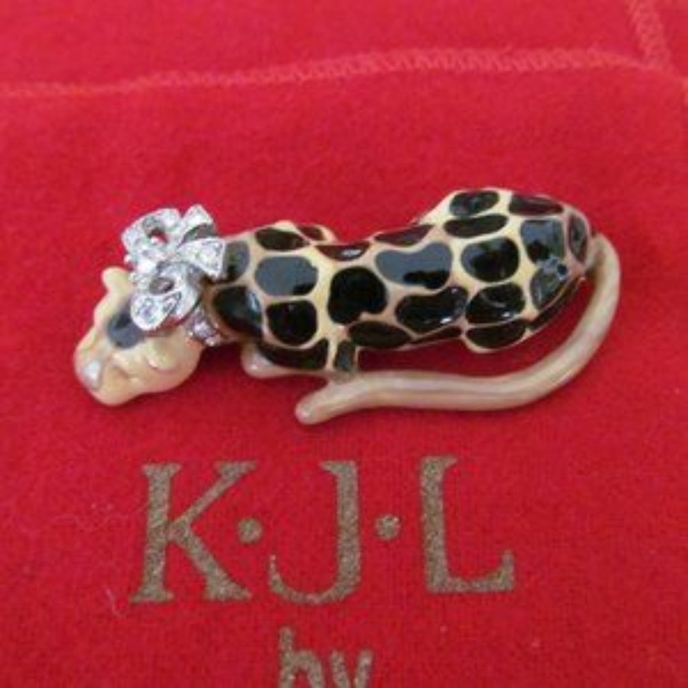 KJL ENAMEL LEOPARD BROOCH WITH CRYSTALS  2" long